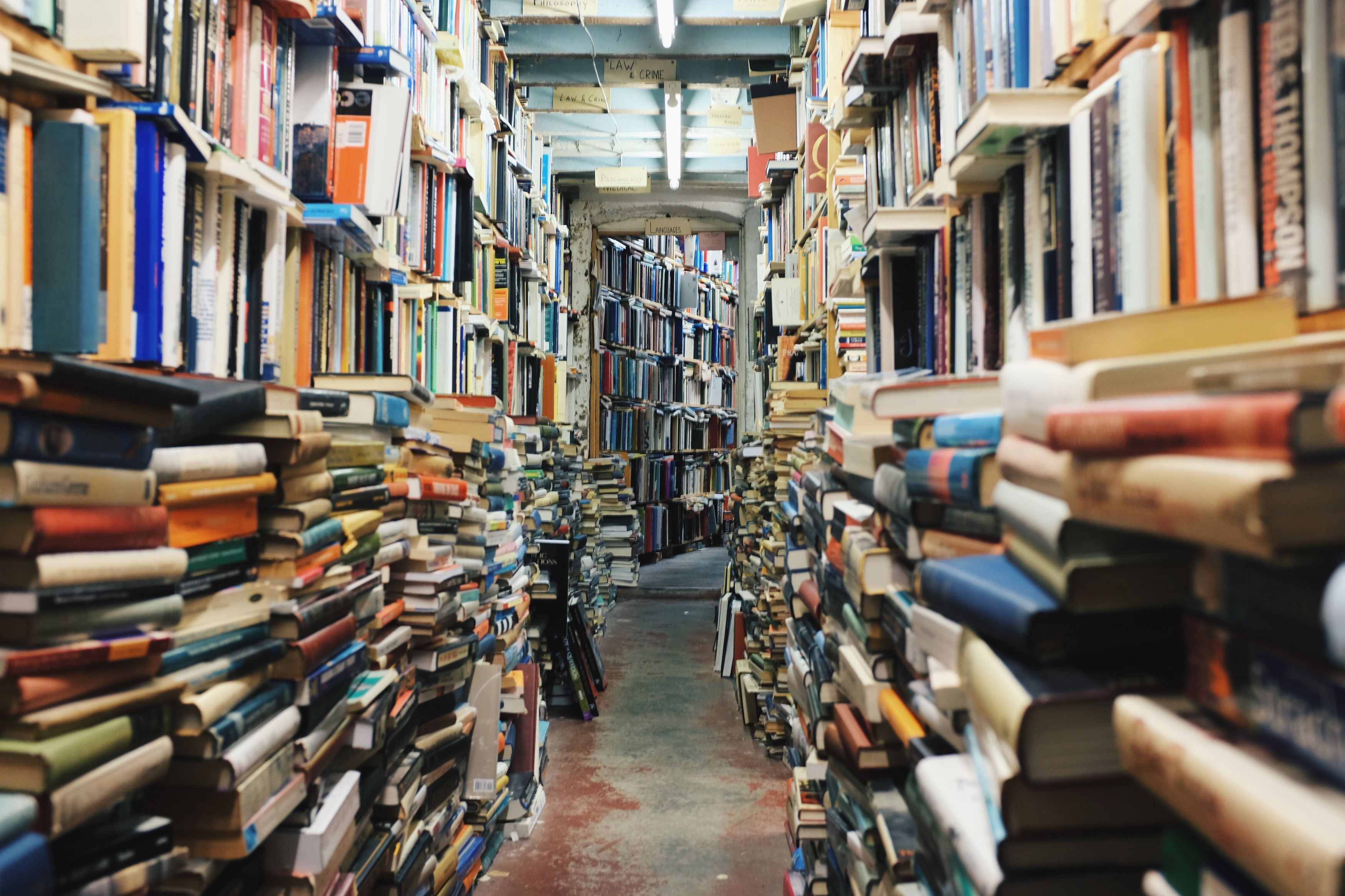 Stacks of books on shelves and overflowing to the floor.