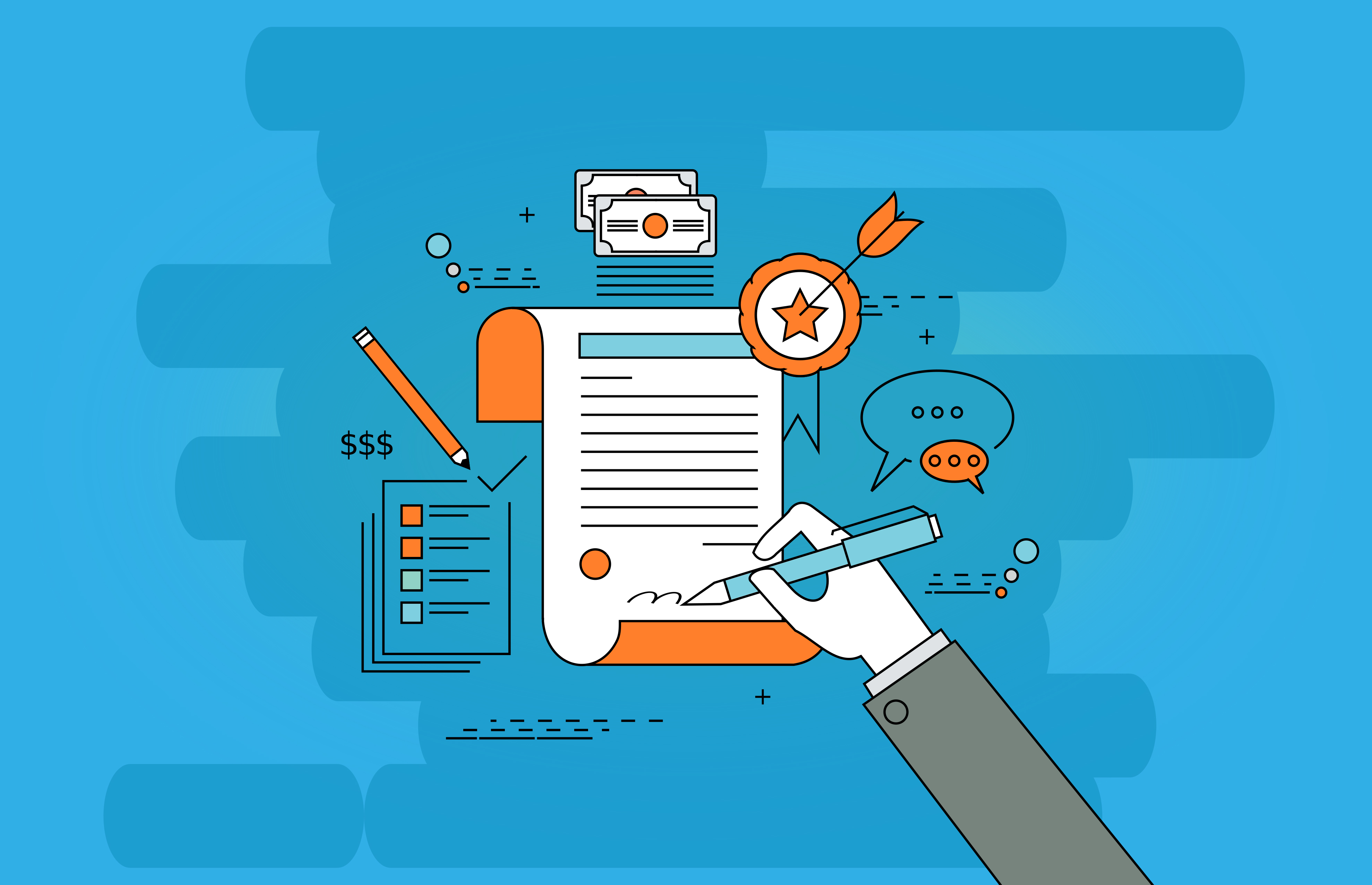 Cartoon illustration of a hand signing a document with blue an orange icons symbolizing multiple document purposes