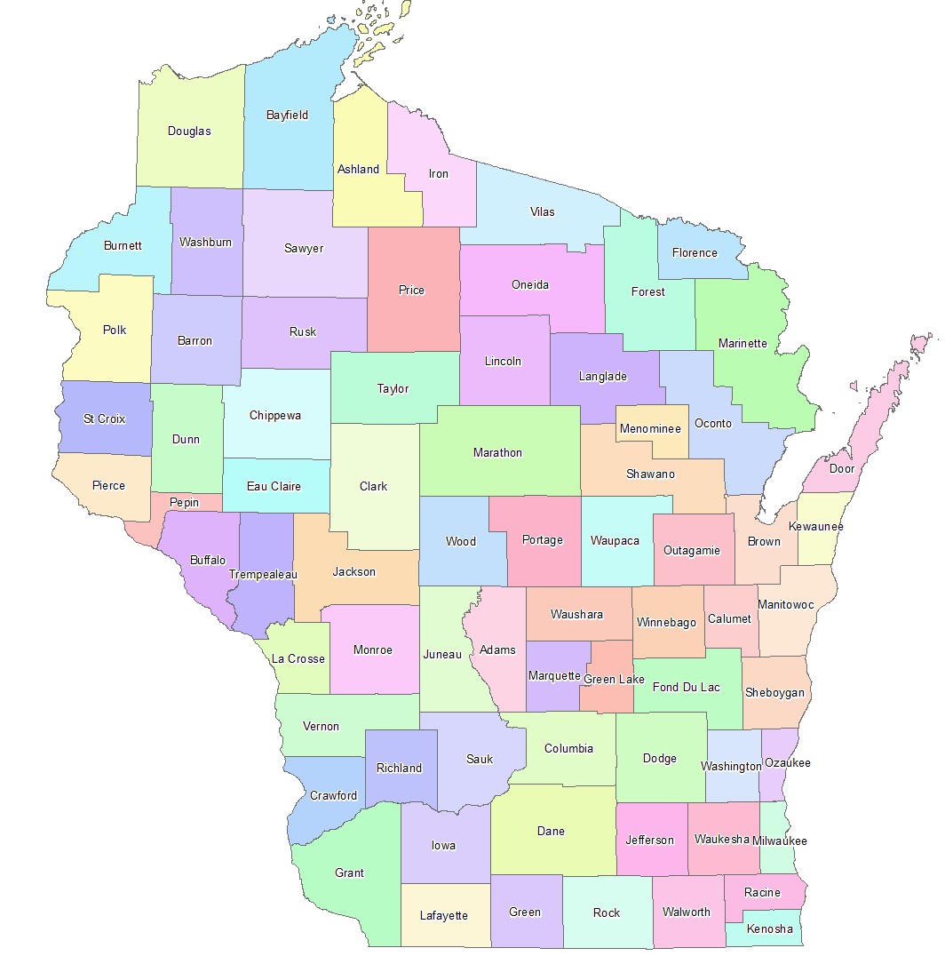 Map of wisconsin showing each county in a different color