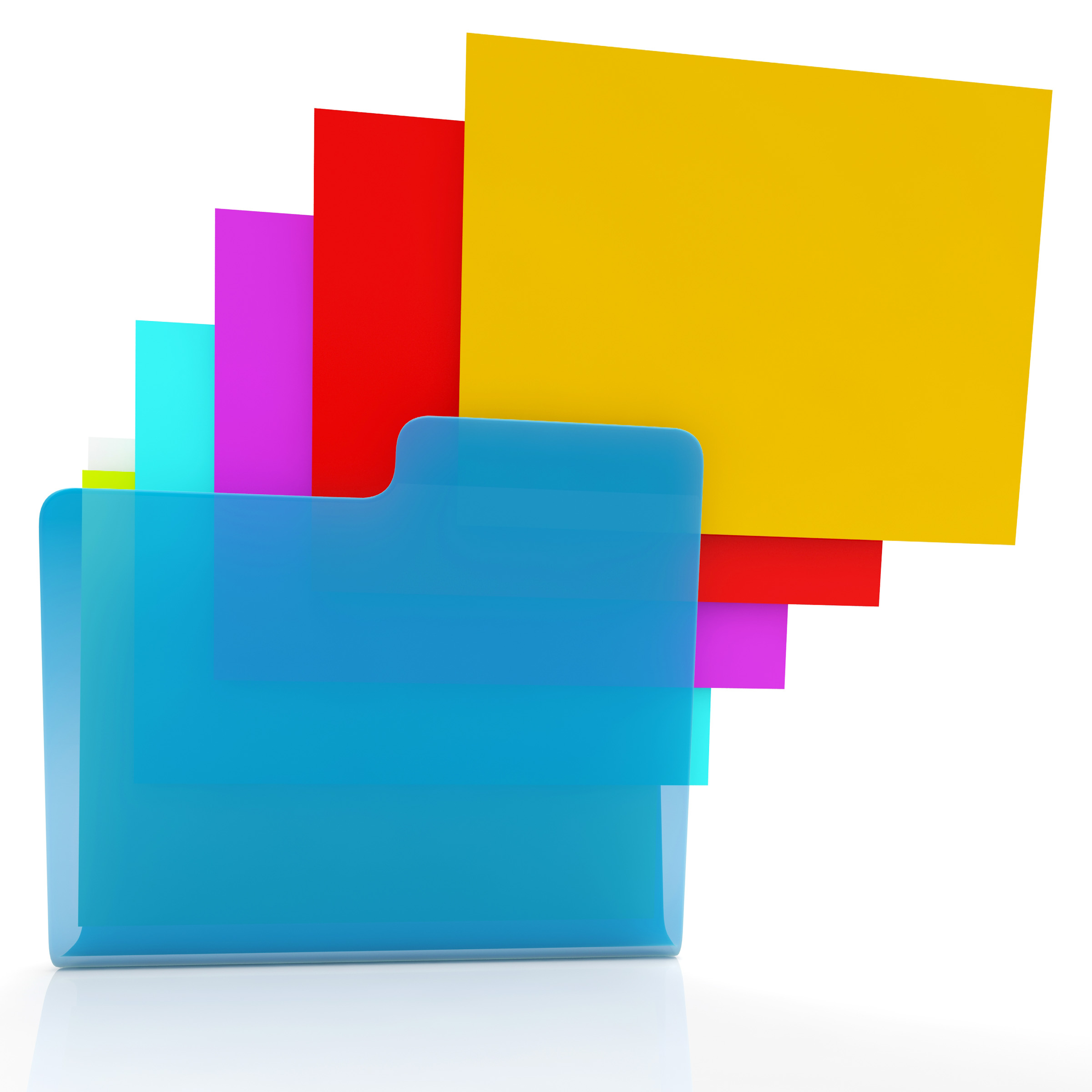Cartoon of differently-colored, blank pages cascading outward from a blue folder