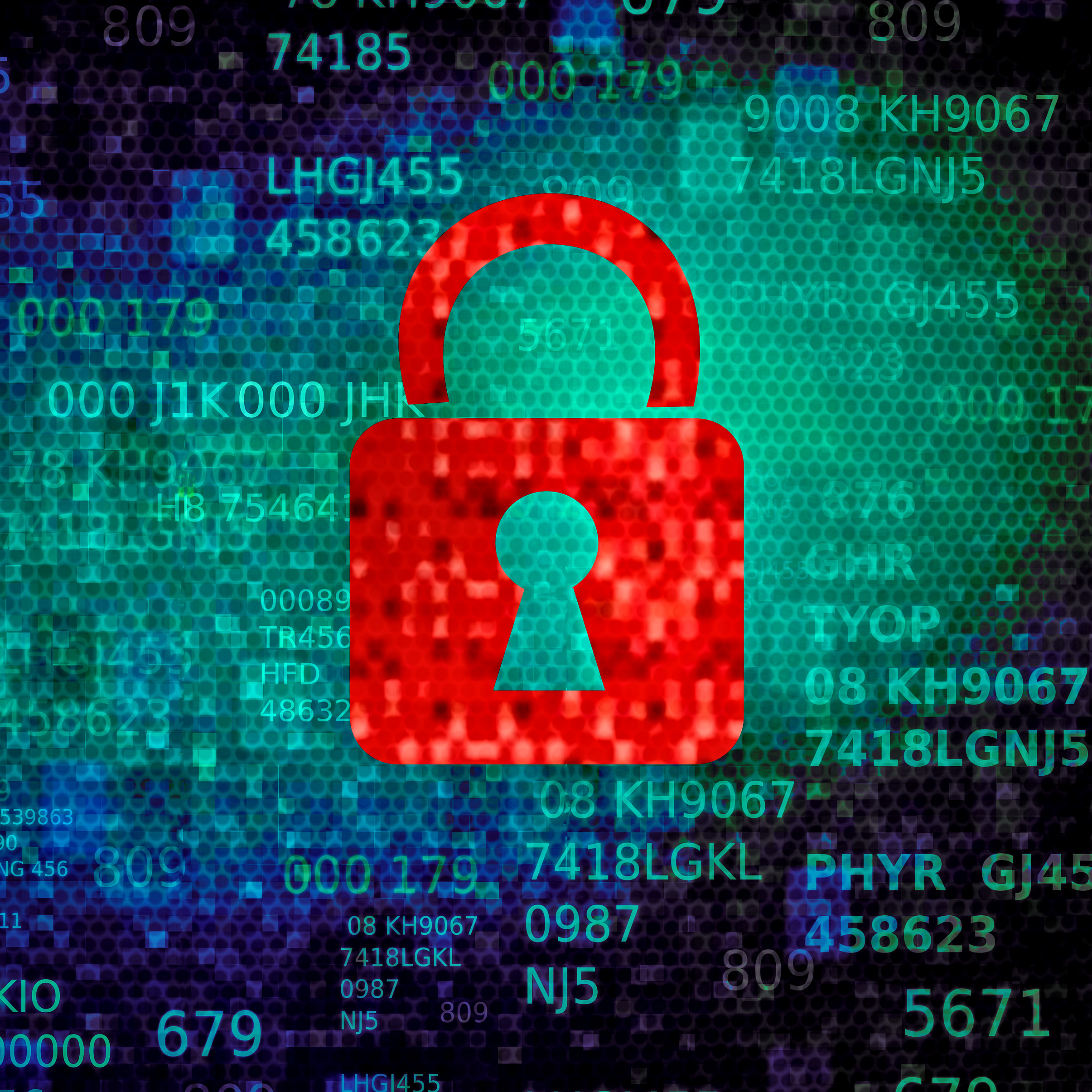 Cartoon of a red lock icon overlaid with letters and numbers symbolizing encoded information