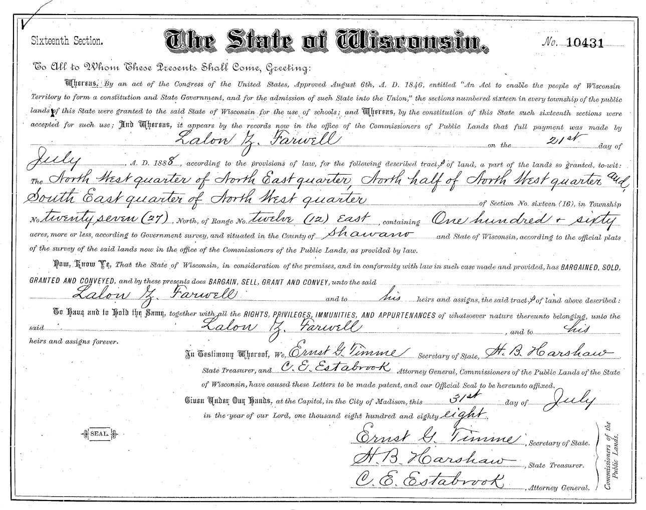 Scan of a state land pateent issued by BCPL