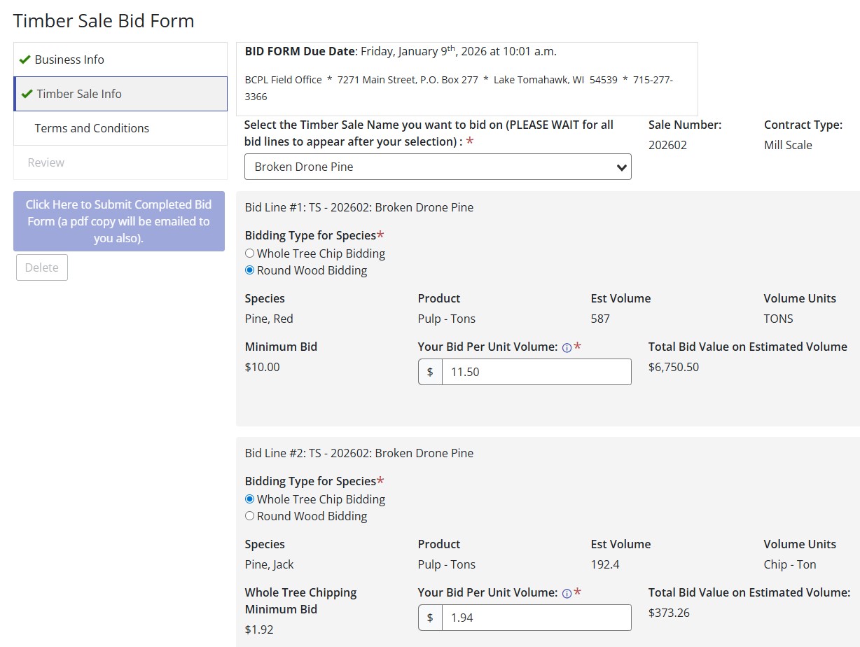 Image of the timber bid form on the access gov website