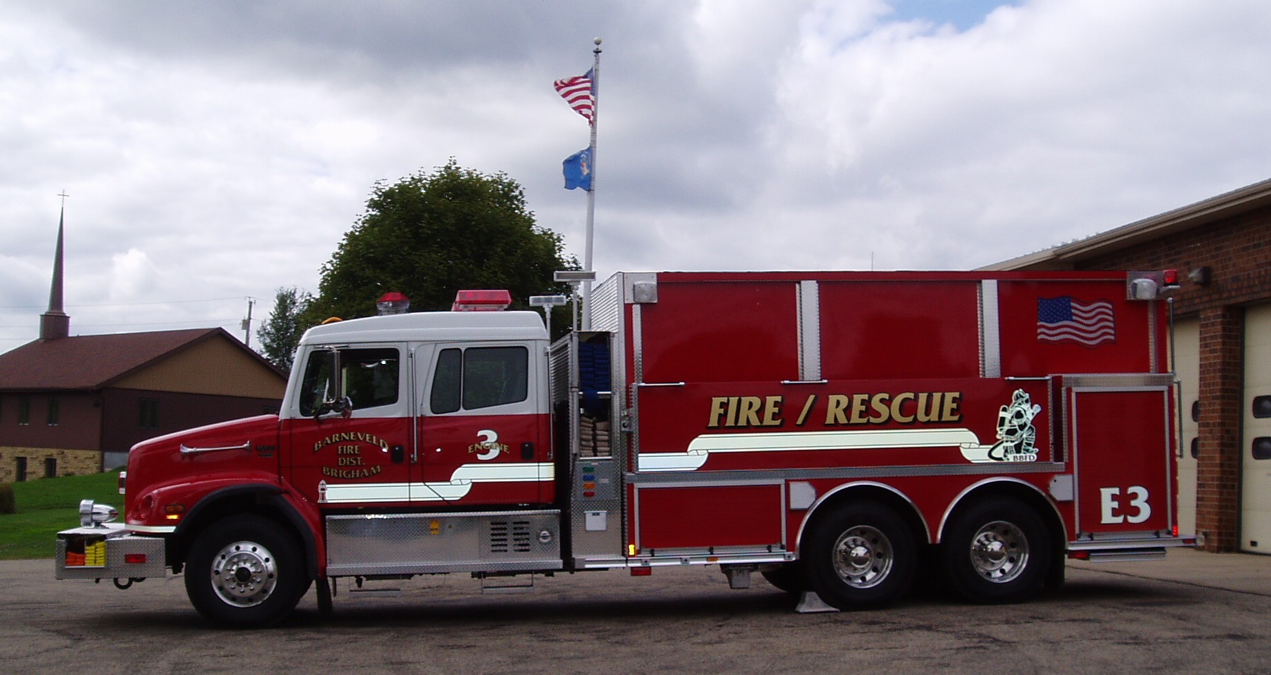 Barneveld - Brigham Fire/Rescue Engine #3 in red and white with gold lettering