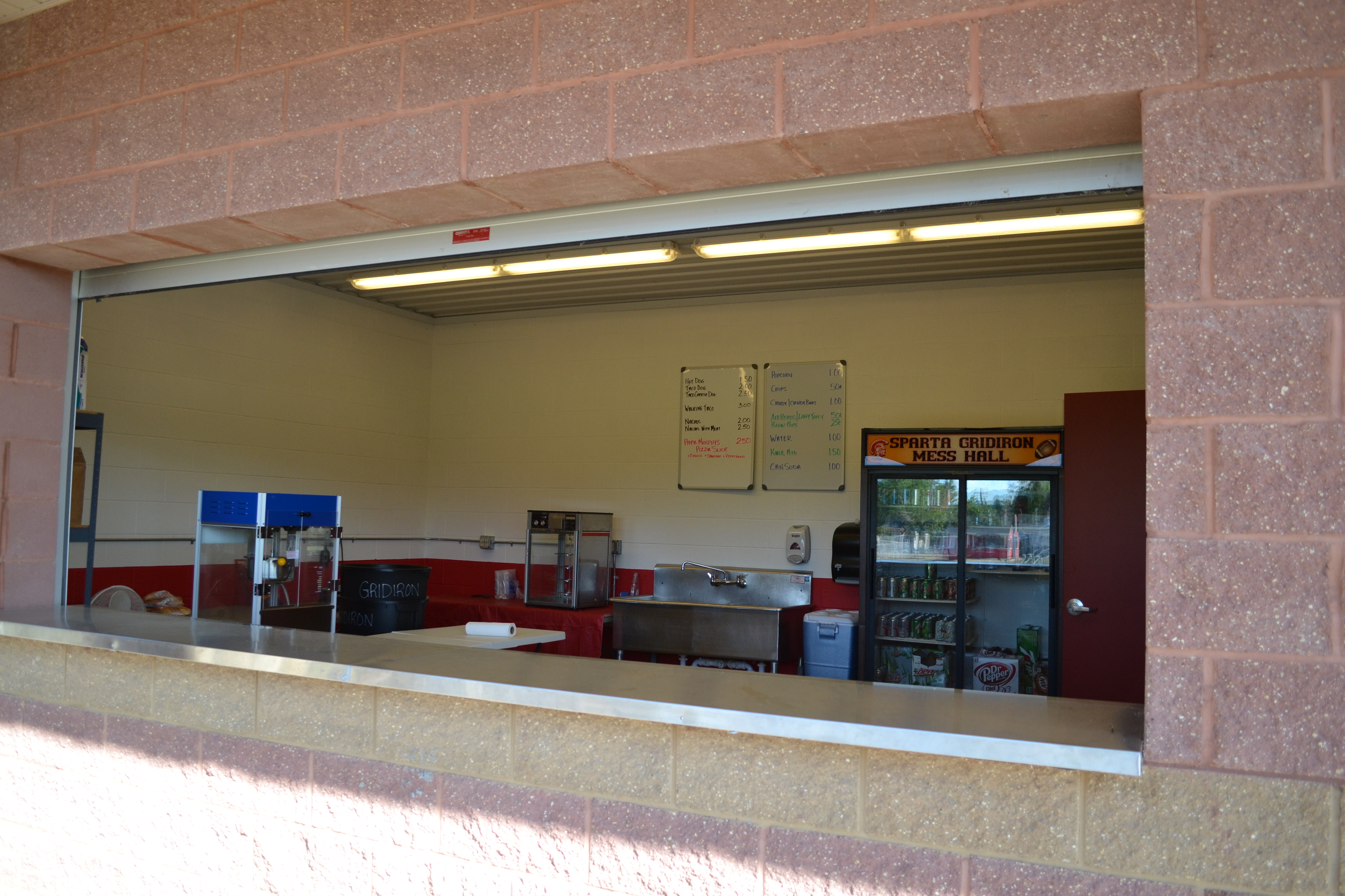 Lite red brick concession stand in the Sparta school district.