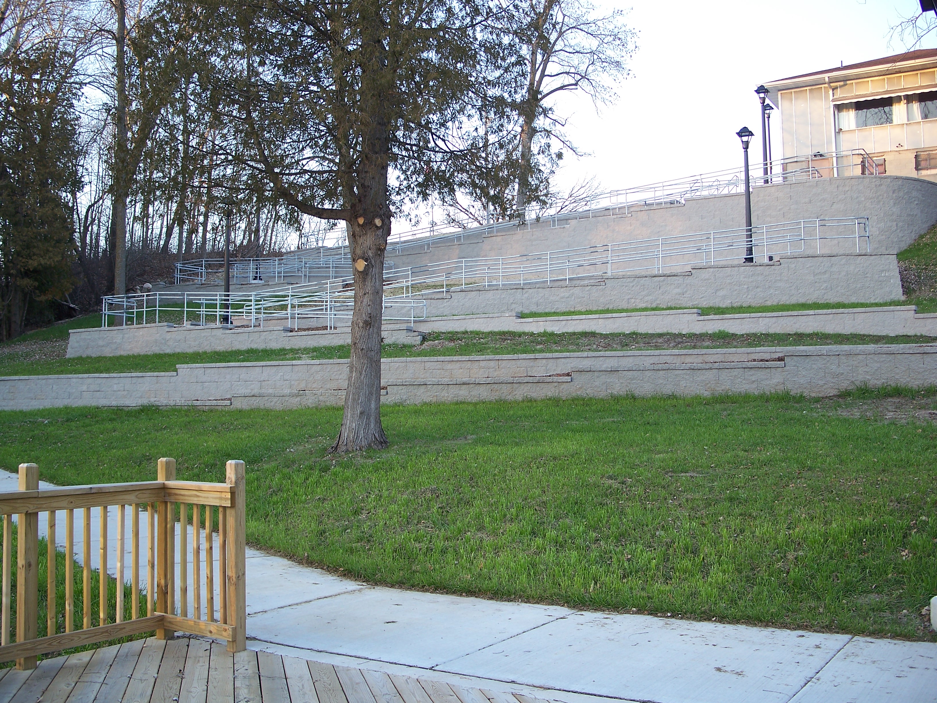 Village of Mishicot handicap ramp river viewing platform. looking up the river bank viewing several switchbacks,
